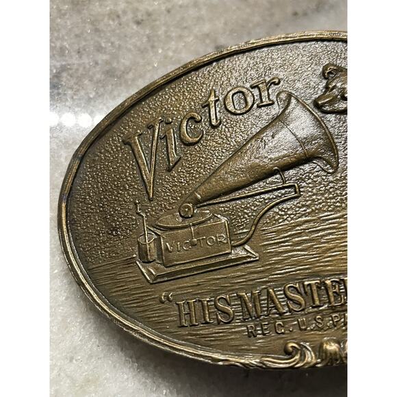 Vintage VICTOR His Master’s Voice Indiana Metal Craft Solid Brass Belt Buckle - Picture 3 of 5